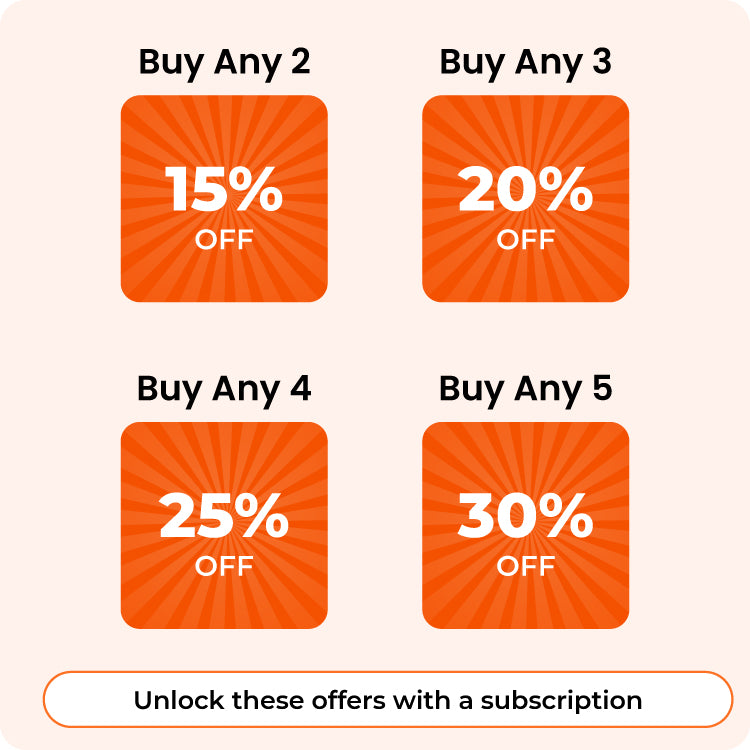 Subscription offer graphic showing discounts: Buy any 2 get 15% off, buy any 3 get 20% off, buy any 4 get 25% off, buy any 5 get 30% off with a subscription banner.