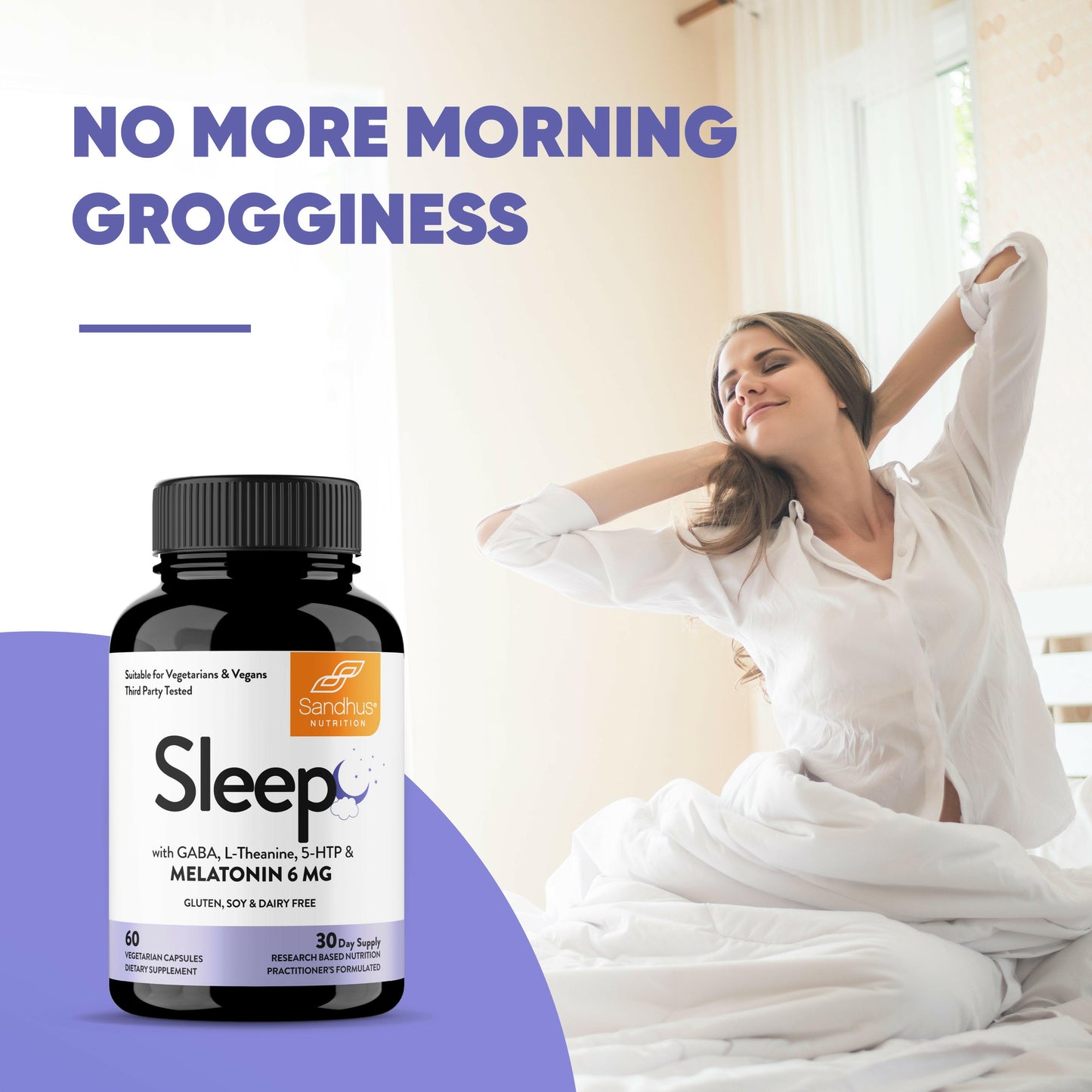 Sandhu’s Sleep supplement bottle with woman waking up refreshed, highlighting support for morning energy and rest.