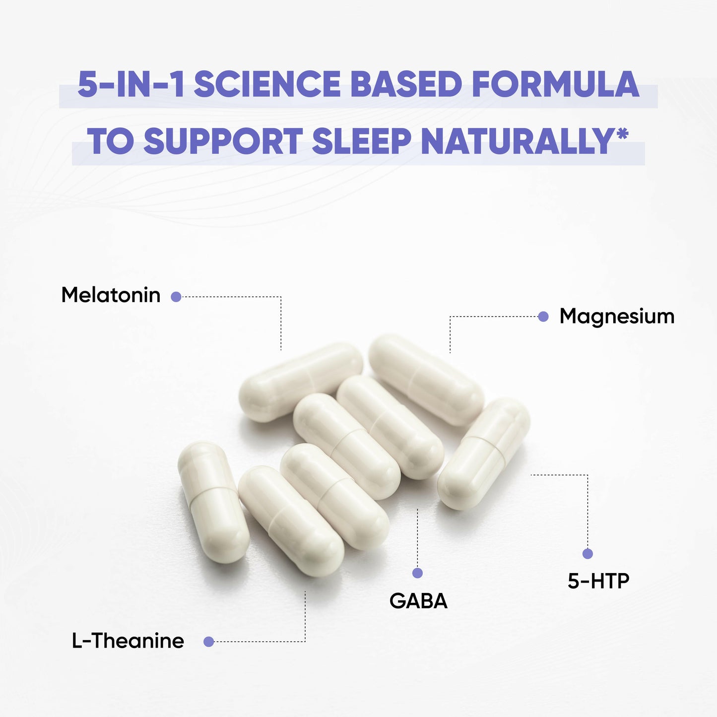 White capsules labeled with sleep support ingredients on a white background