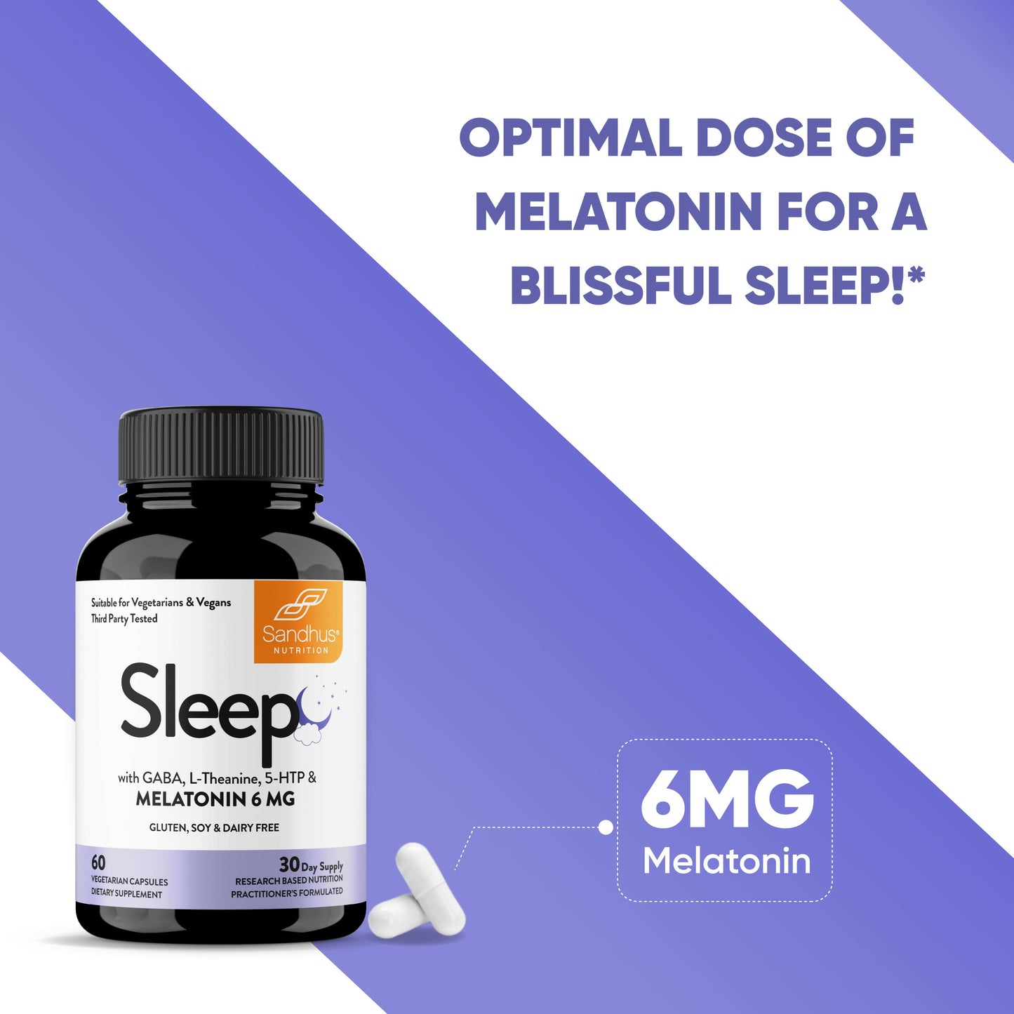 Sandhu’s Sleep supplement bottle with 6mg melatonin, GABA, L-Theanine, and 5-HTP for restful sleep support.