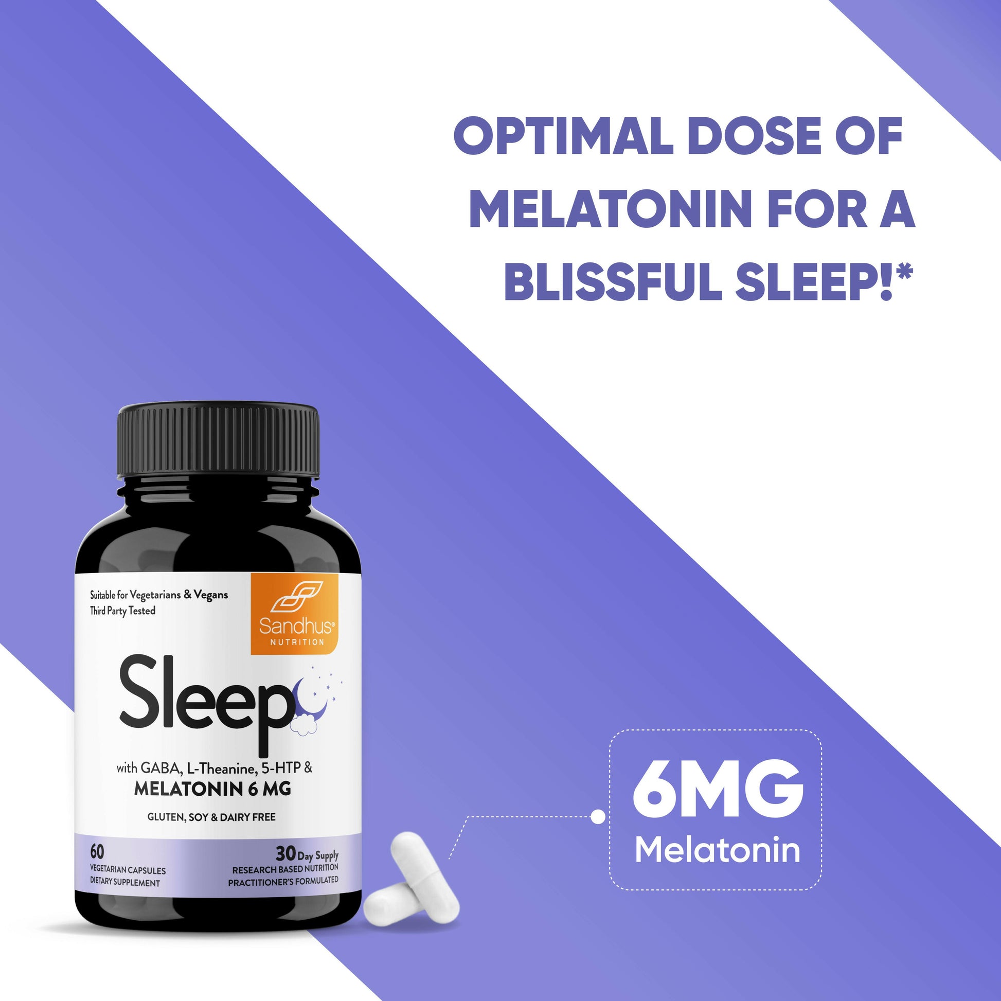 Sandhu’s Sleep supplement bottle with 6mg melatonin, GABA, L-Theanine, and 5-HTP for restful sleep support.