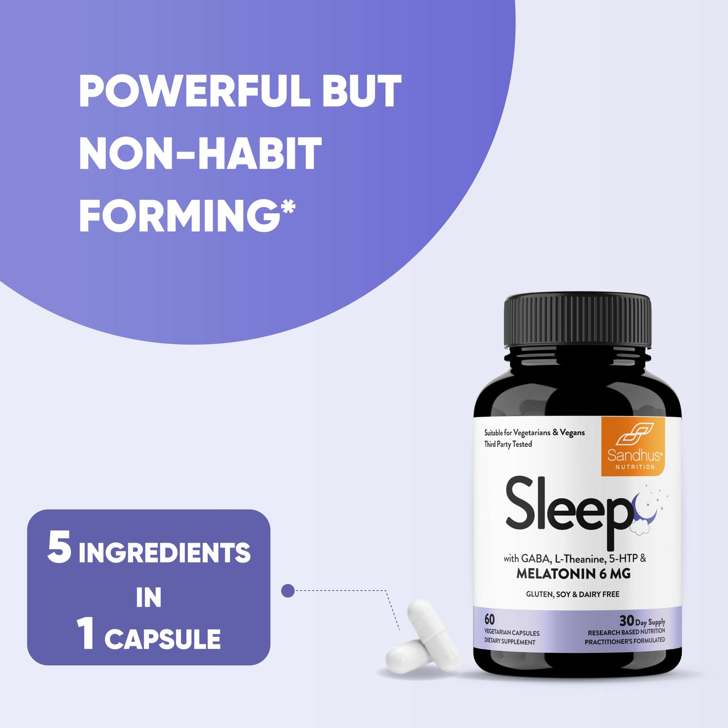 Sleep supplement bottle with text about non-habit forming power and ingredients on a light purple background