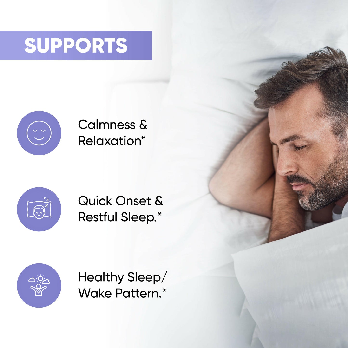 Man sleeping peacefully with text showing sleep supplement benefits for calmness, relaxation, and healthy sleep patterns.
