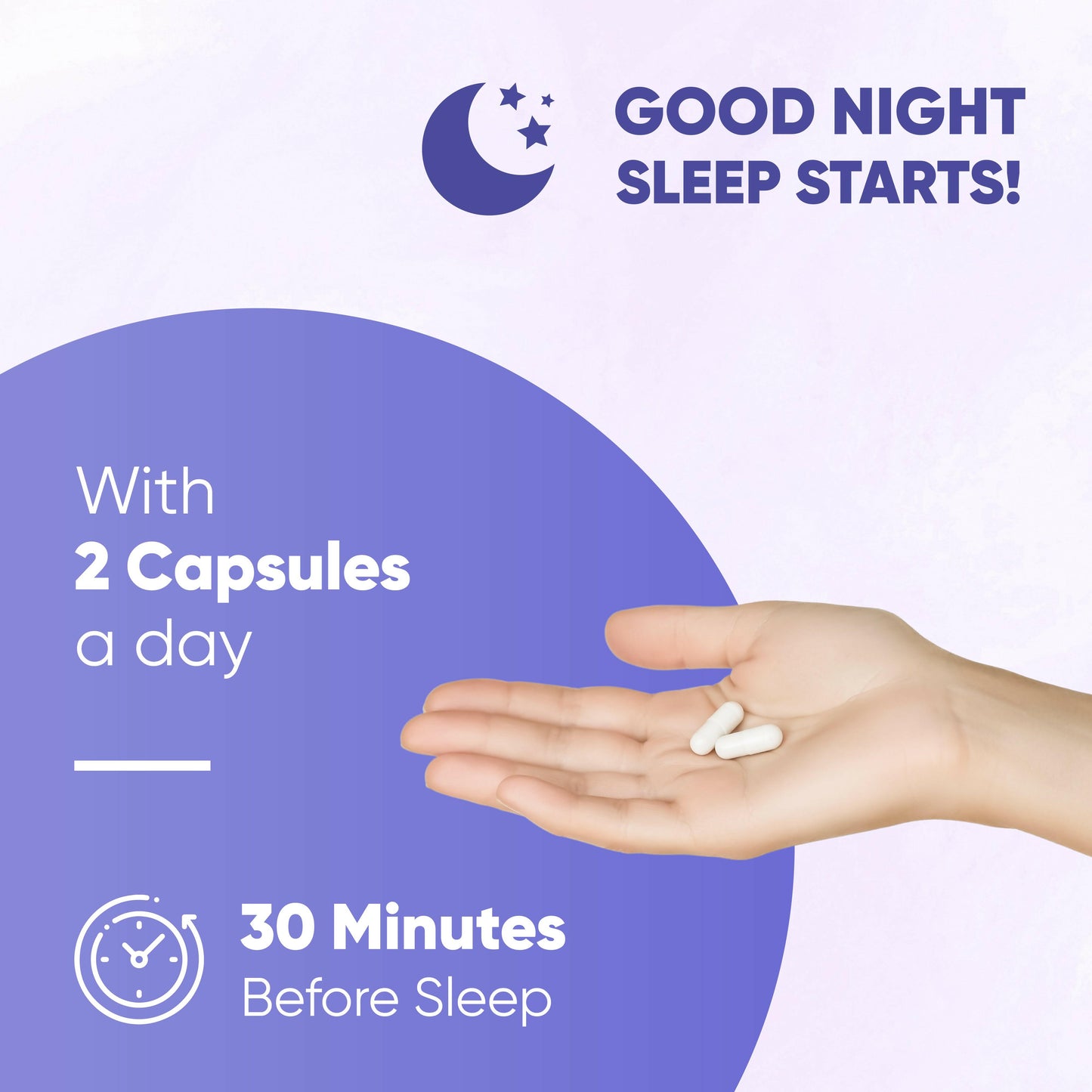 Promotional graphic for sleep aid capsules with a hand holding two capsules on a purple background.