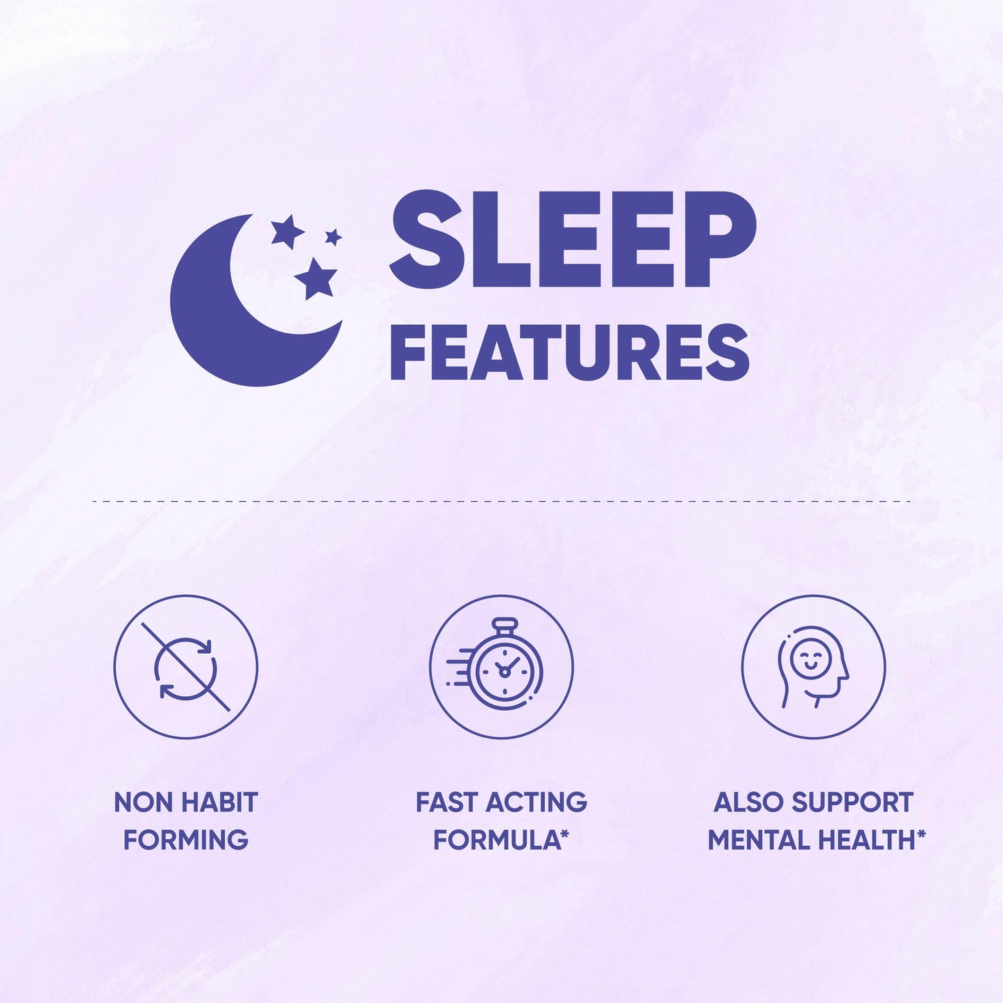 Sleep features with icons and text on a purple background