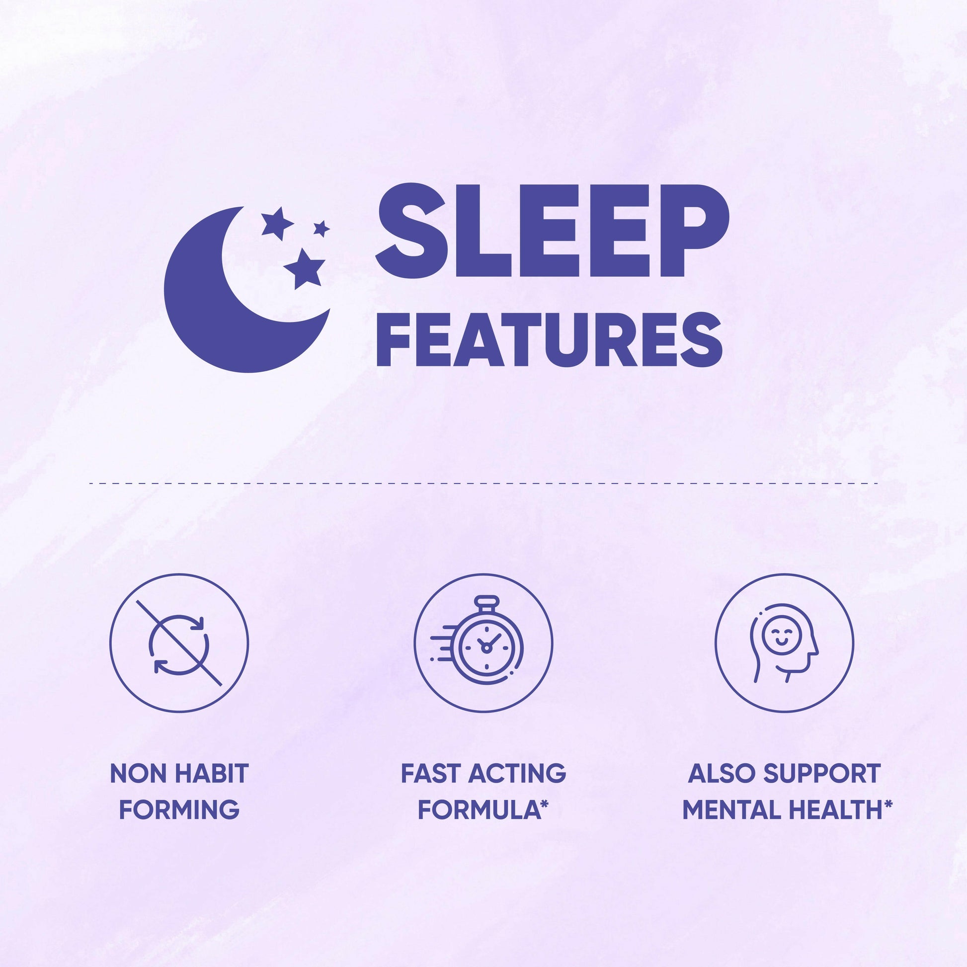 Sleep features with icons and text on a purple background
