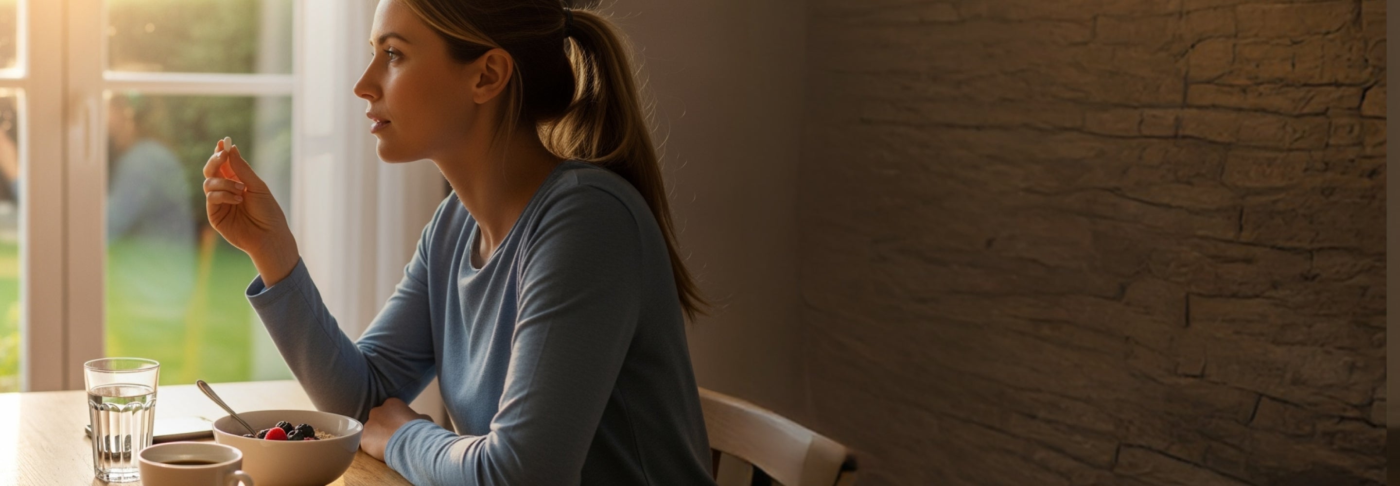 Woman sitting at a table by a window, looking out.