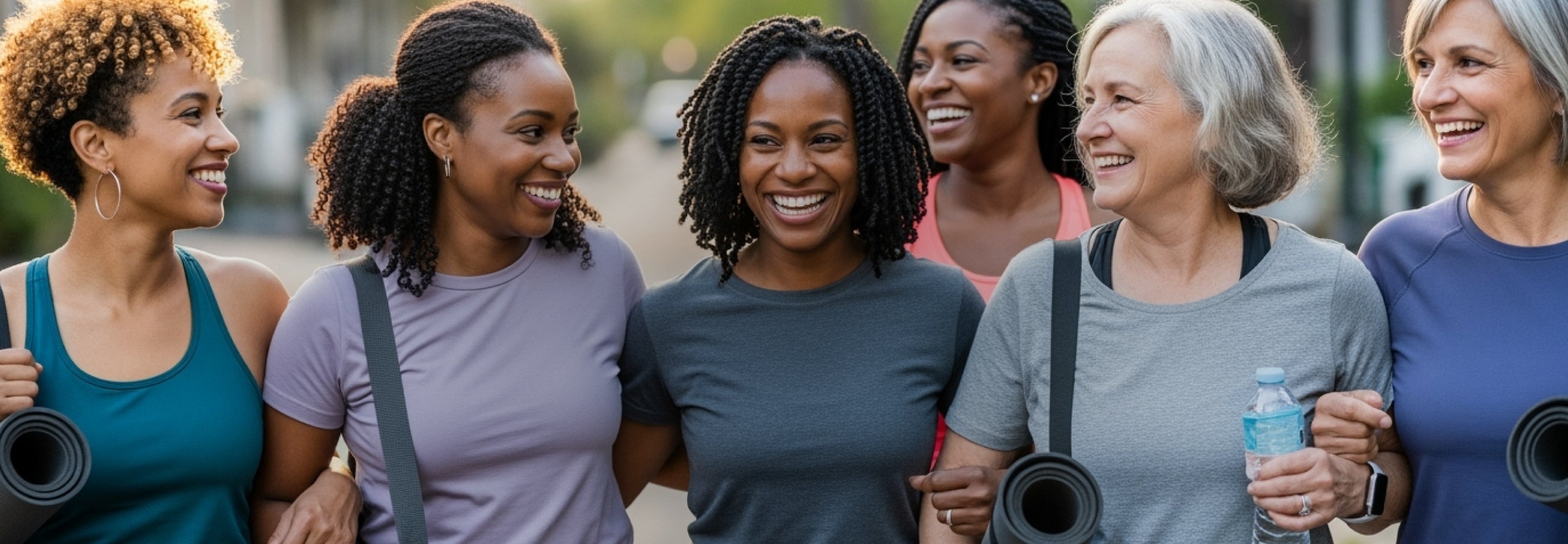 Group of women walking outdoors, smiling and holding water bottles.