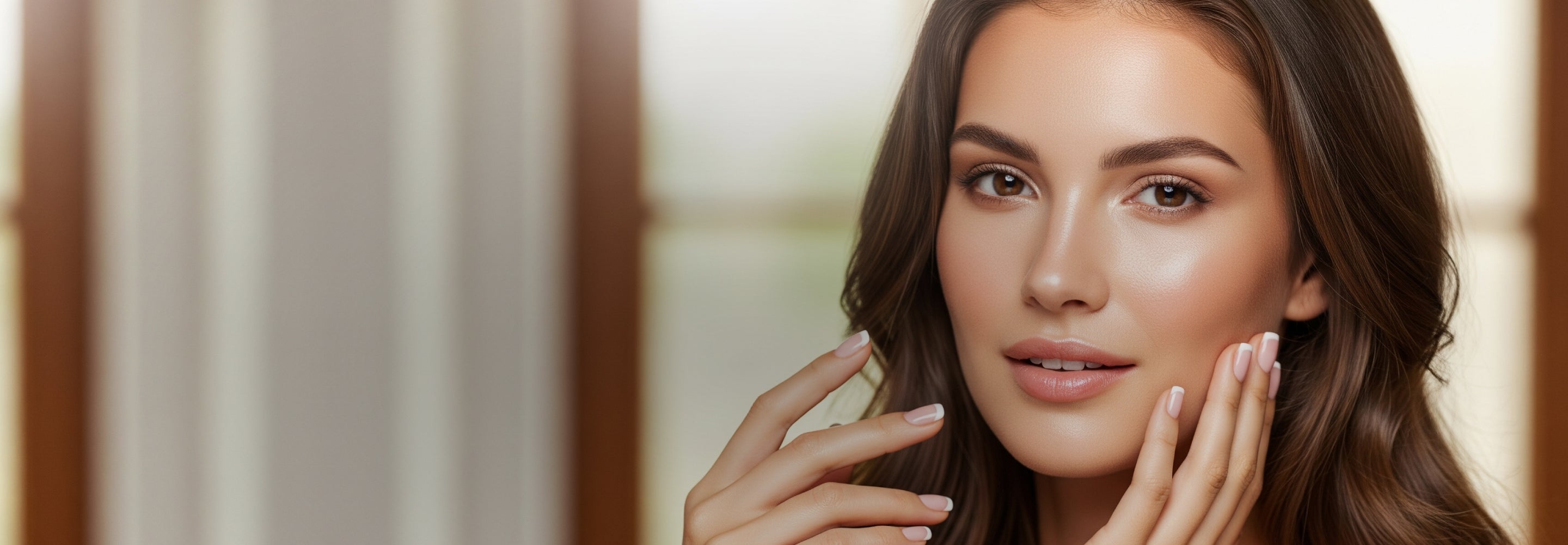 Woman with smooth skin touching her face against a blurred background
