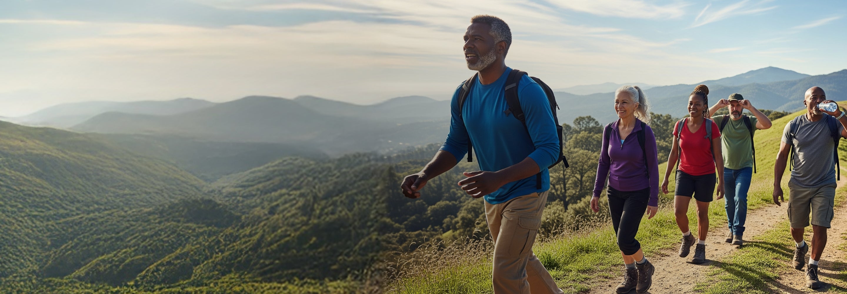 Group of people hiking on a trail with a scenic view of mountains and greenery.