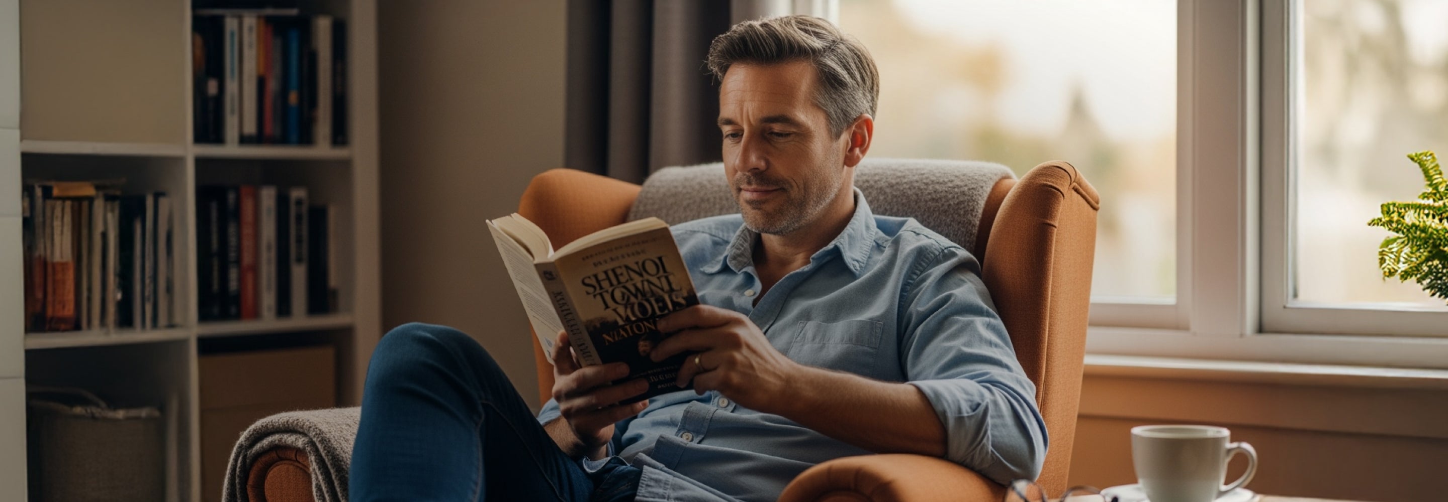 Man reading a book in a cozy living room with a cup of coffee.