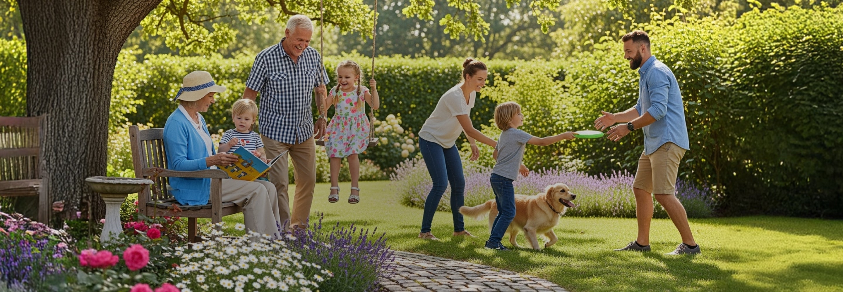 Family with children and a dog in a garden setting