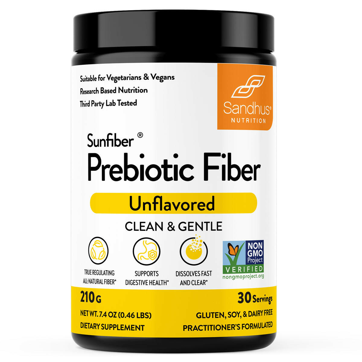 Sandhu’s Nutrition “Sunfiber Prebiotic powder” highlighting key features and labeled gluten, soy and dairy free