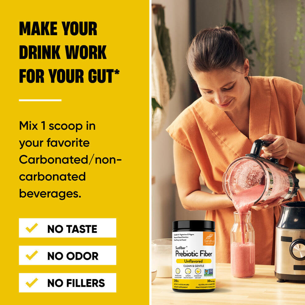 Smiling woman in an orange top pouring a pink smoothie into a bottle beside Sandhus Nutrition Sunfiber Prebiotic Fiber supplement, with text promoting easy mixing, no taste, no odor, and no fillers.