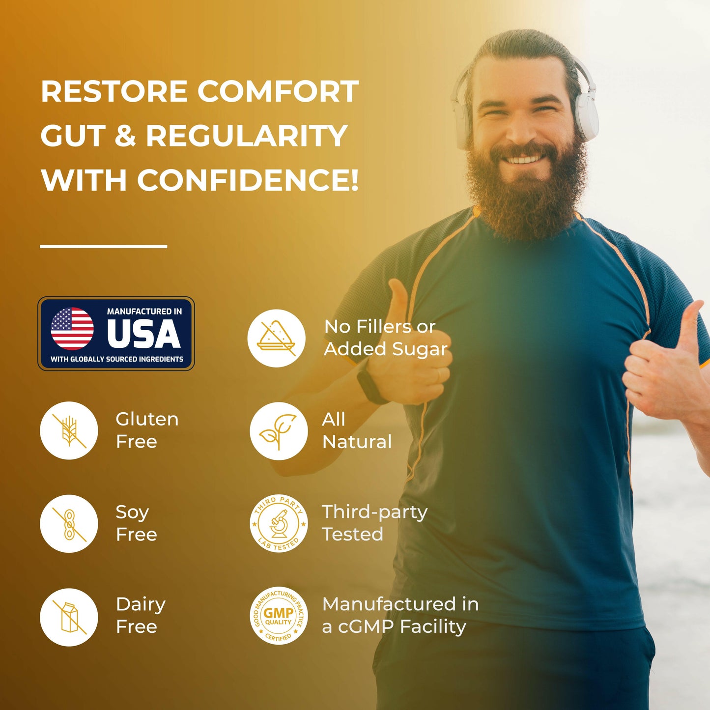 Sandhu’s Sunfiber powder features: made in USA, gluten/soy/dairy-free, non-GMO, no fillers, and third-party tested