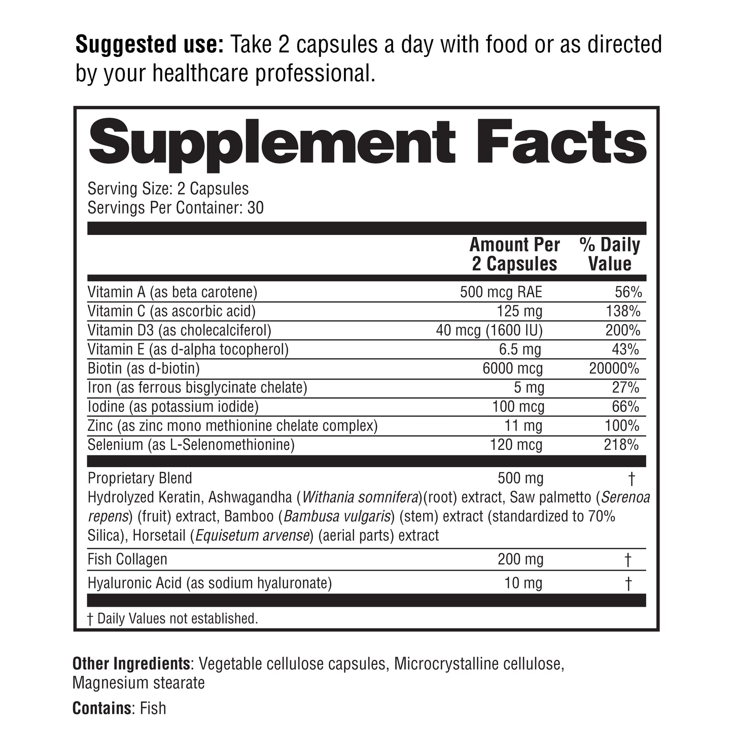 Supplement facts label with detailed nutritional information on a white background