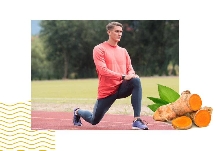 Fit man stretching on running track with turmeric roots; curcumin supports mobility, flexibility, and active living.