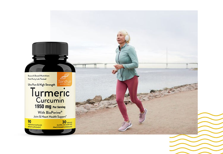 Active older woman jogging by water beside Sandhu’s Turmeric Curcumin; supports joint and heart health.