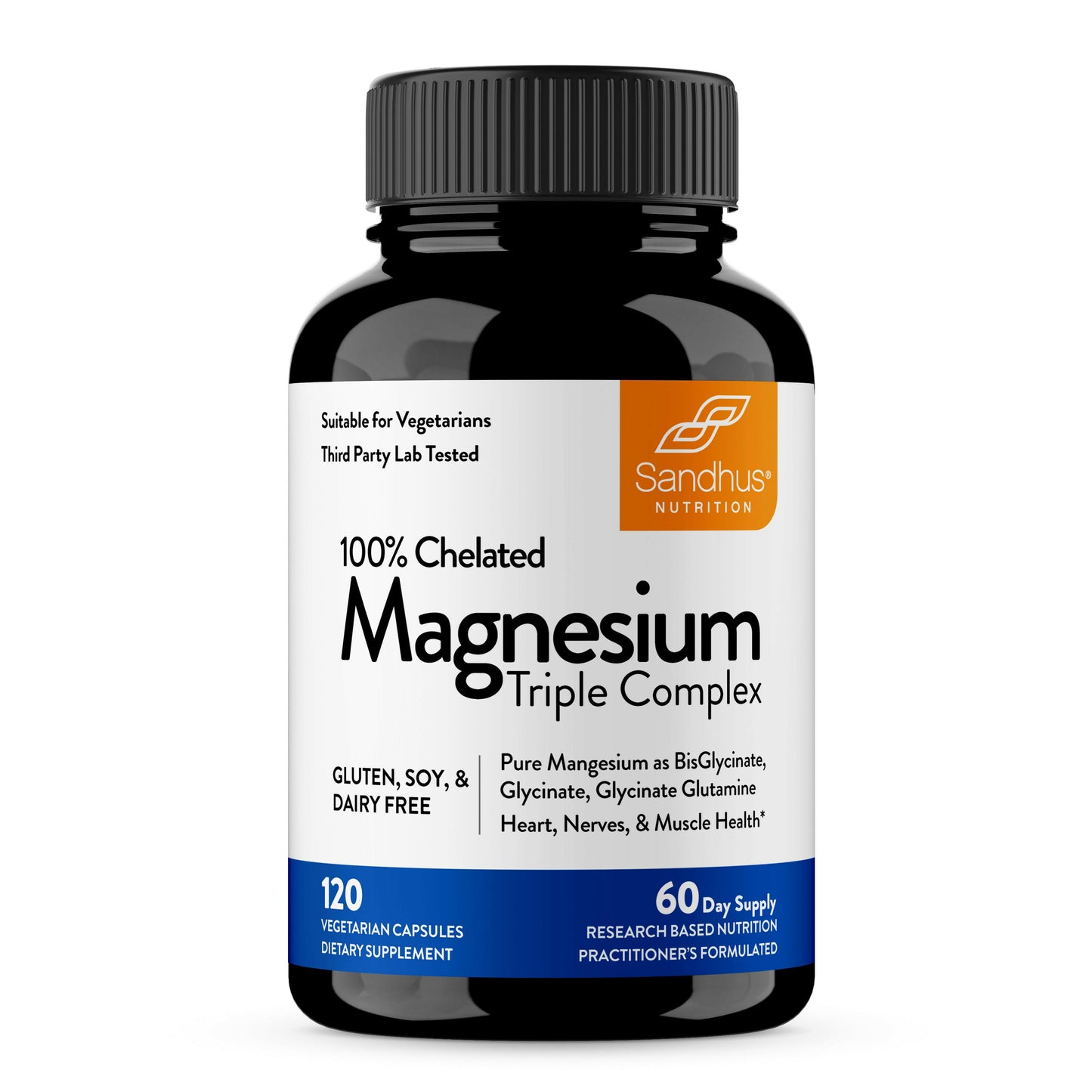 Supplement bottle labeled '100% Chelated Magnesium Triple Complex' by Sandhus Nutrition on a white background.
