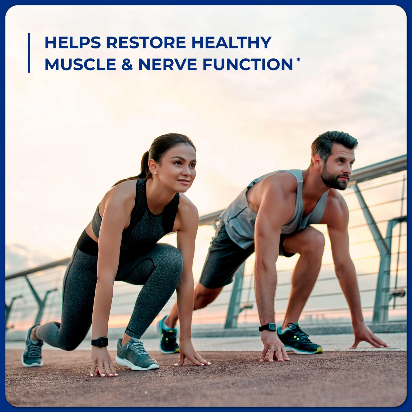 Man and woman in athletic wear preparing to run with text highlighting supplement support for healthy muscle and nerve function.