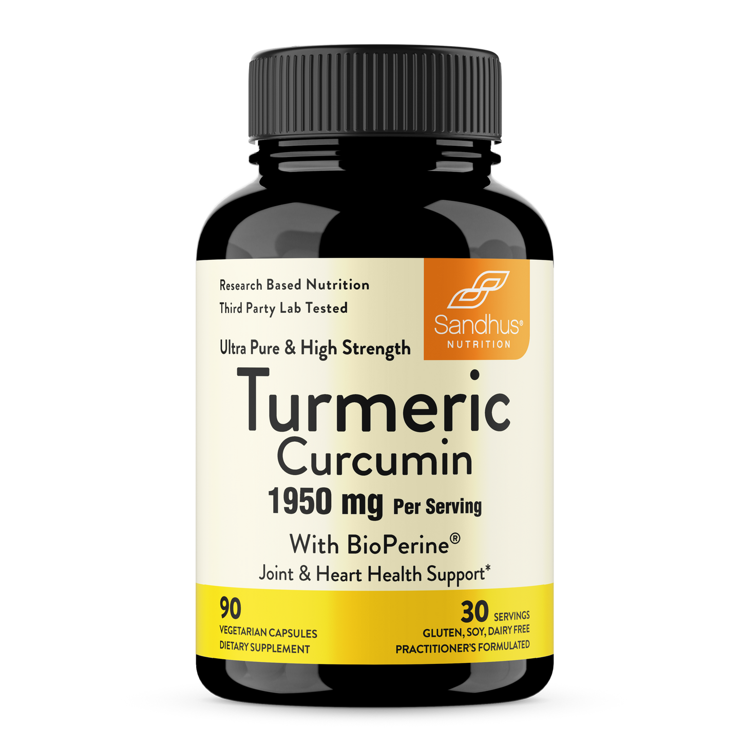 A bottle of Sandhus Nutrition Ultra-Pure & High Strength Turmeric Curcumin Capsules, with 90 capsules inside. The label shows the product name, strength, and additional information.