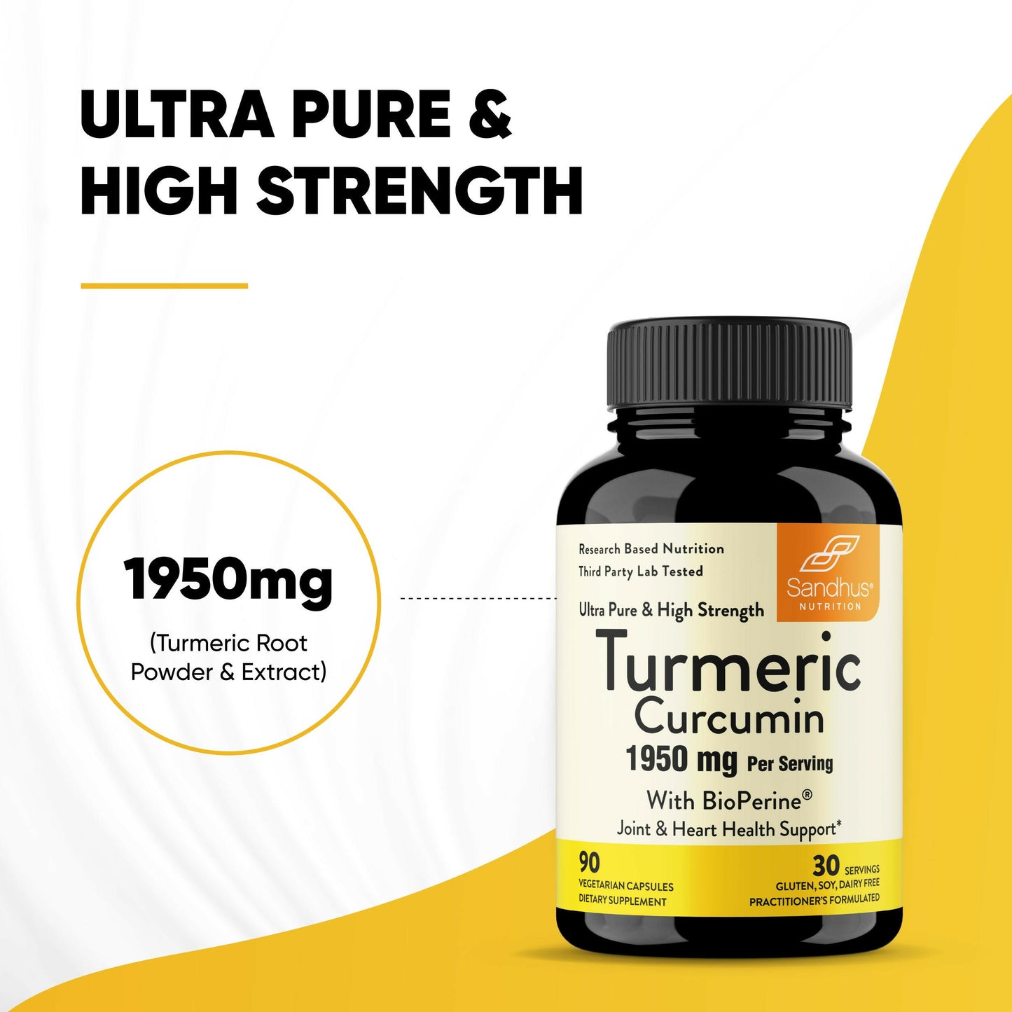Sandhu’s Turmeric Curcumin 1950mg supplement bottle; supports joint and heart health with BioPerine absorption.