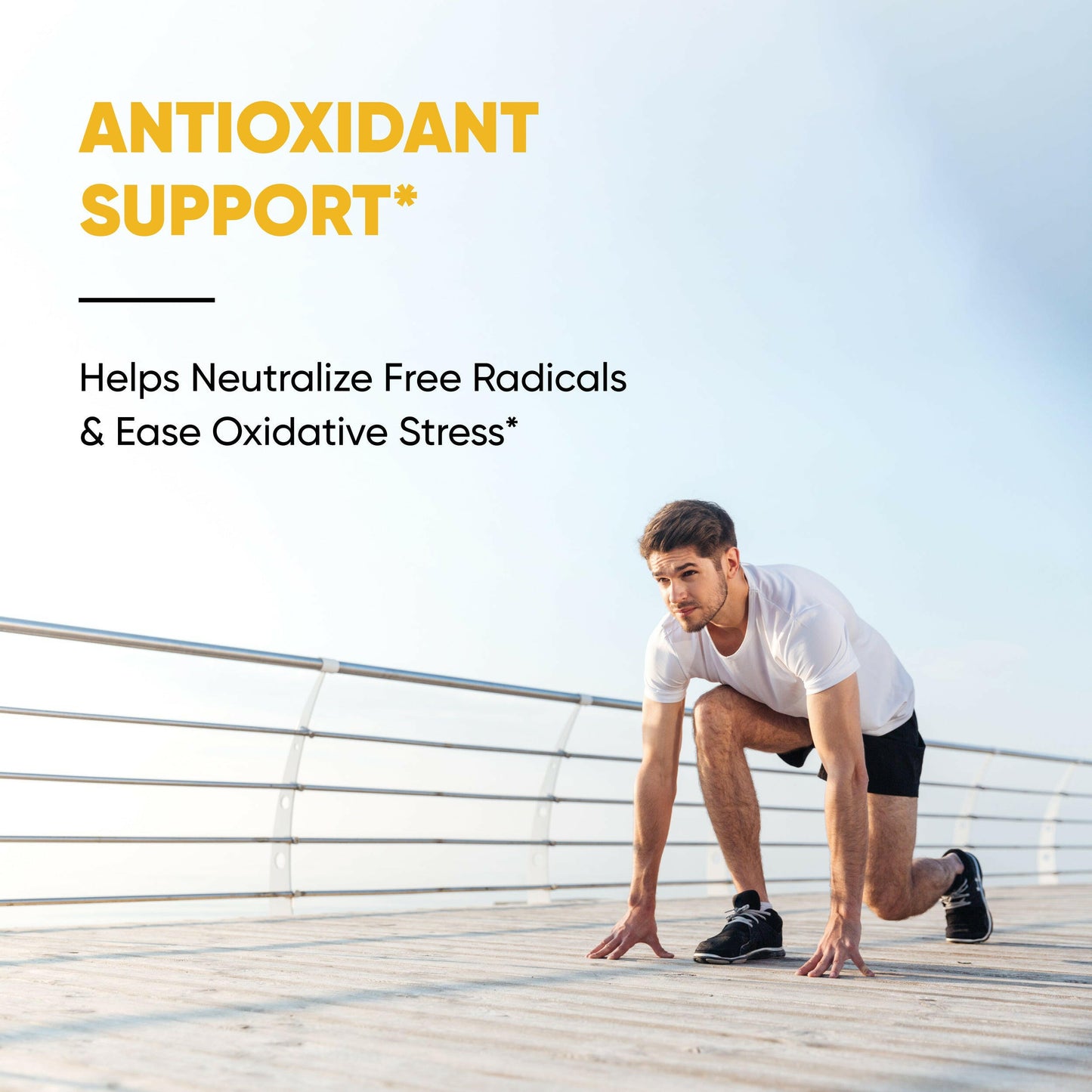 Fit man in running stance; turmeric curcumin supports antioxidant defense and helps reduce oxidative stress.