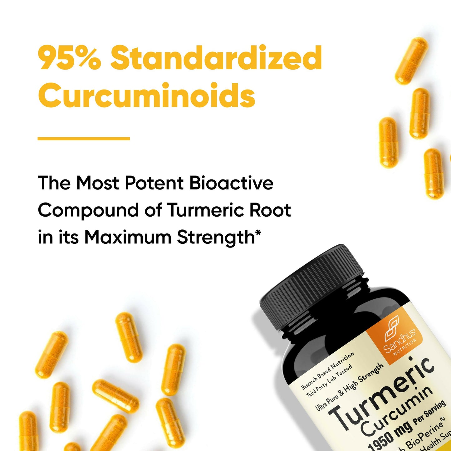 Sandhu’s Turmeric Curcumin 1950mg bottle with capsules; contains 95% standardized curcuminoids for strength.
