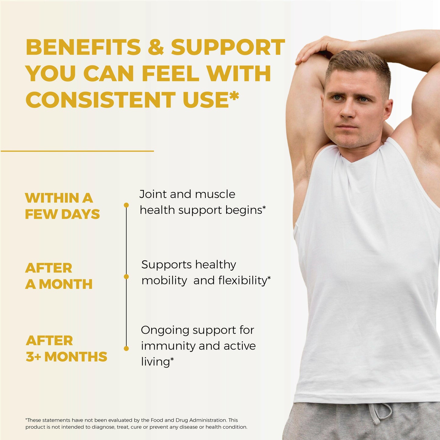 Fit man stretching arm; turmeric curcumin supports joint health, mobility, immunity, and active living with consistent use.