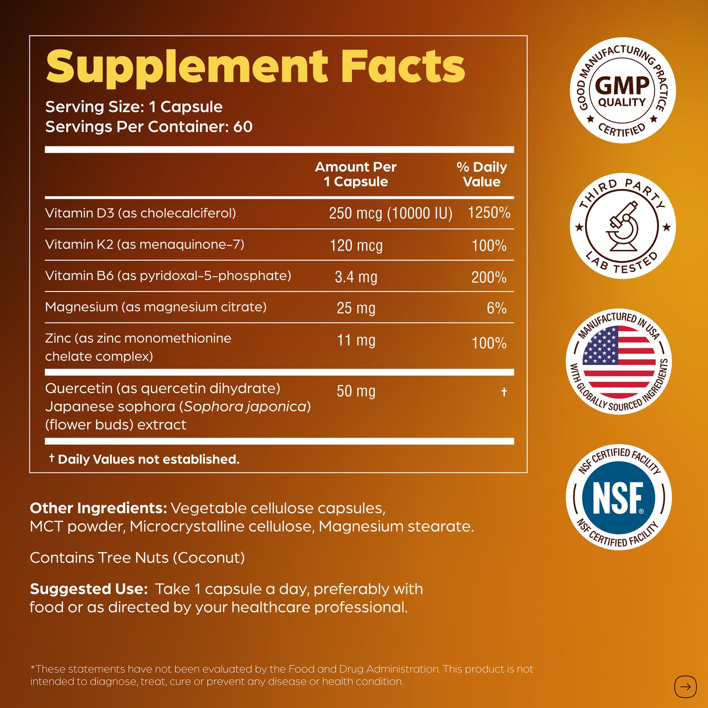 Vitamin D3+K2 Supplement with Quercetin - 10000 IU D3, 120 mcg K2 - 60 Ct