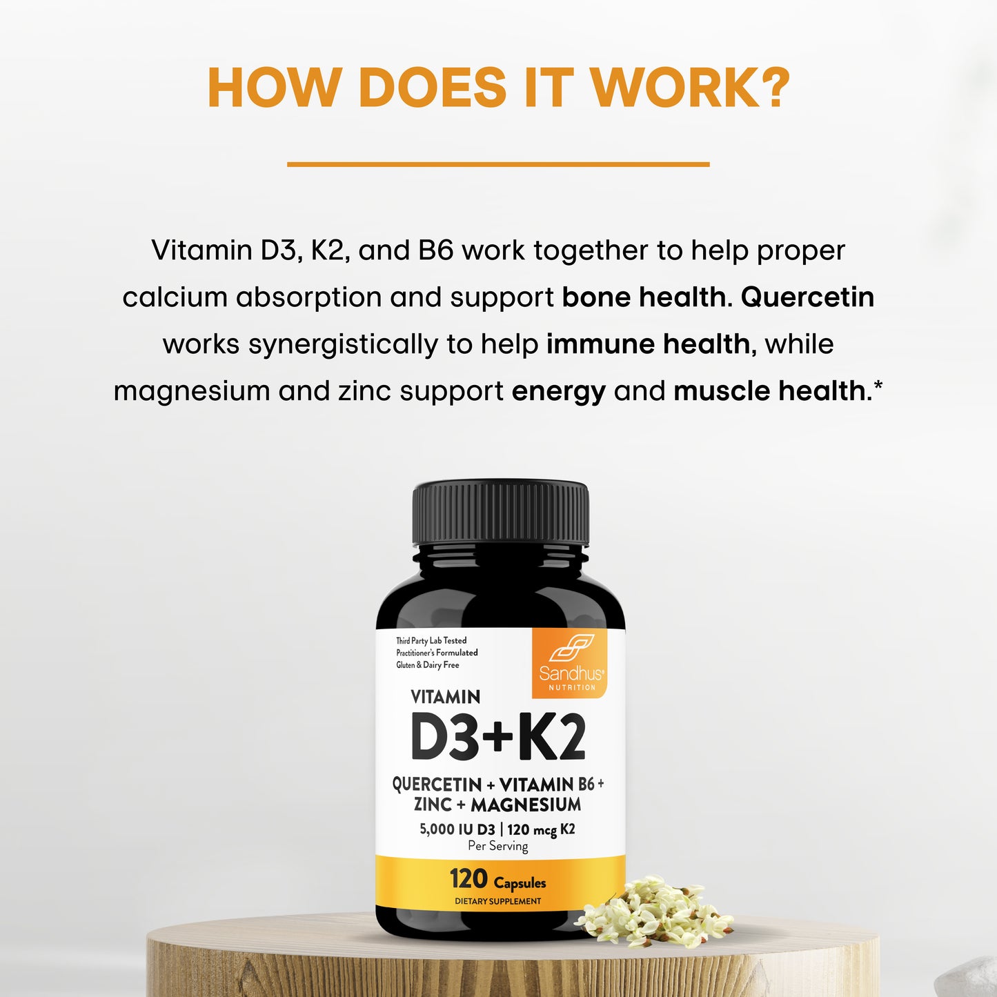 Sandhu Nutrition Vitamin D3+K2 bottle displayed with benefit supporting for immune, bone, muscle health, and energy.