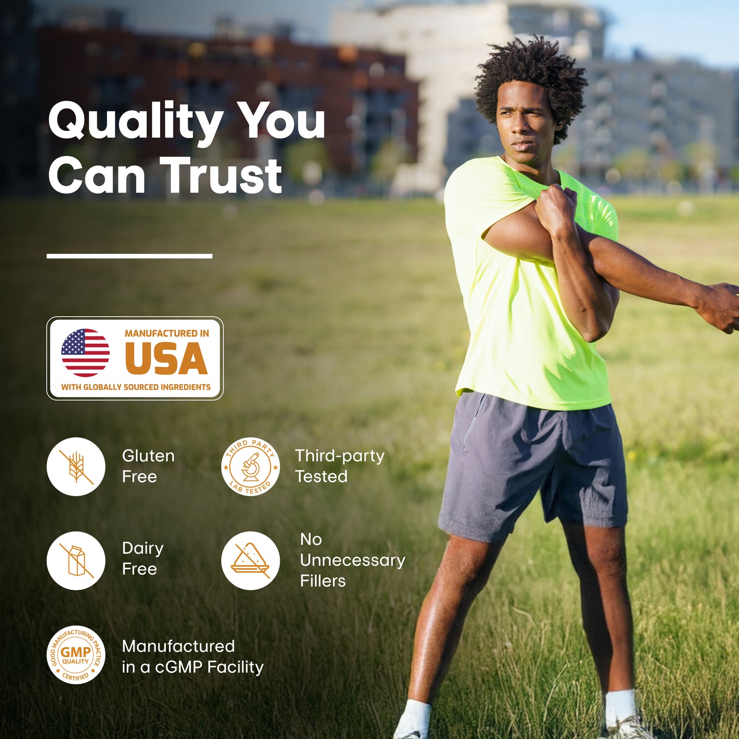 Man stretching outdoors with quality assurance seals including gluten free, dairy free, GMP, and Mde in USA.