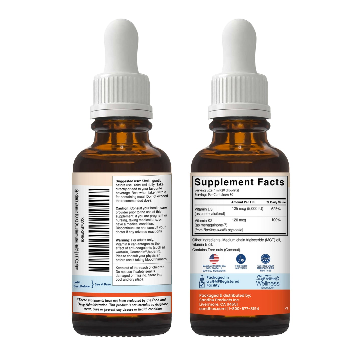 Two amber glass dropper bottles with white labels on a white background