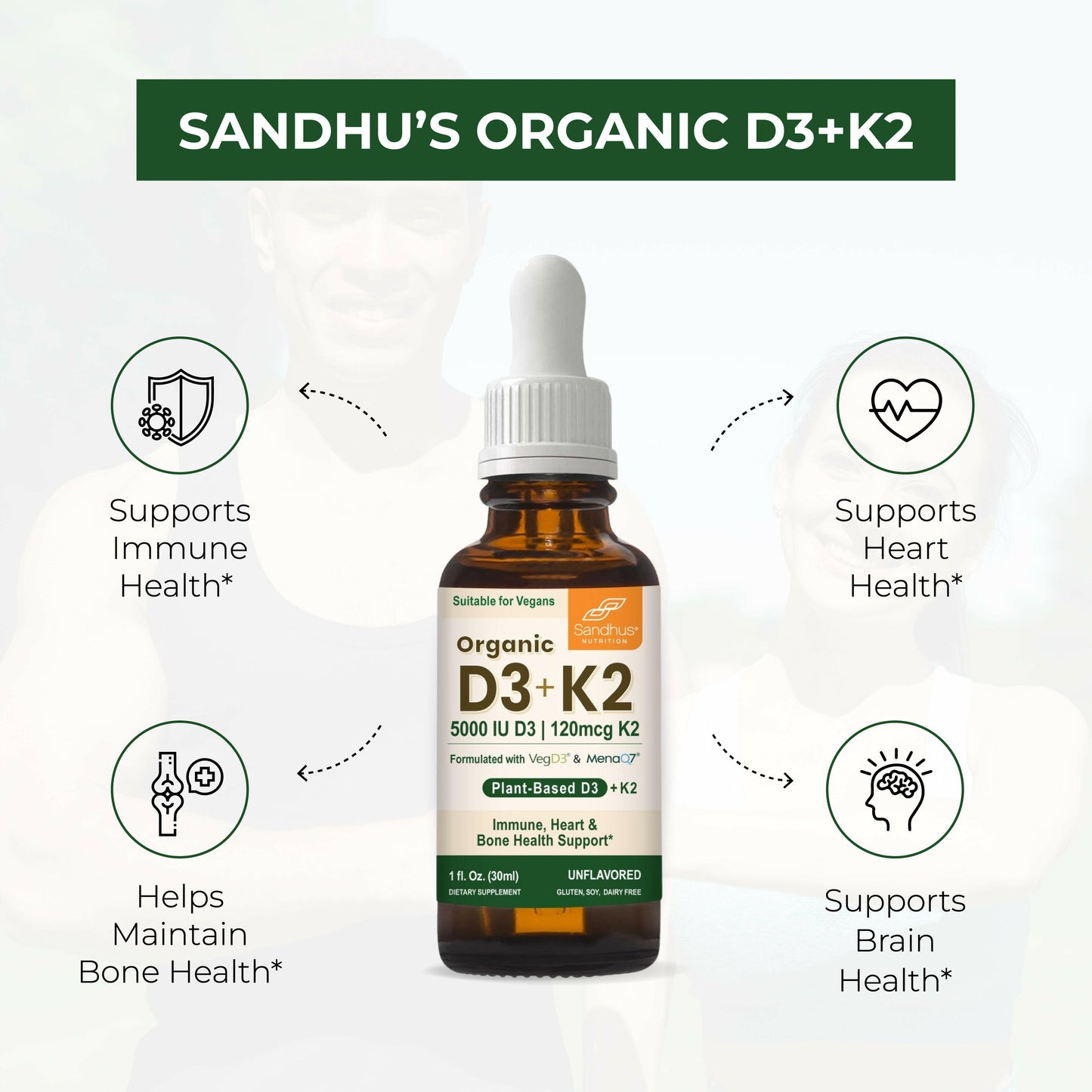 Bottle of Sandhu's Organic D3+K2 supplement with icons and text highlighting benefits such as immune support, heart health, Bone health, and brain health on a white background.