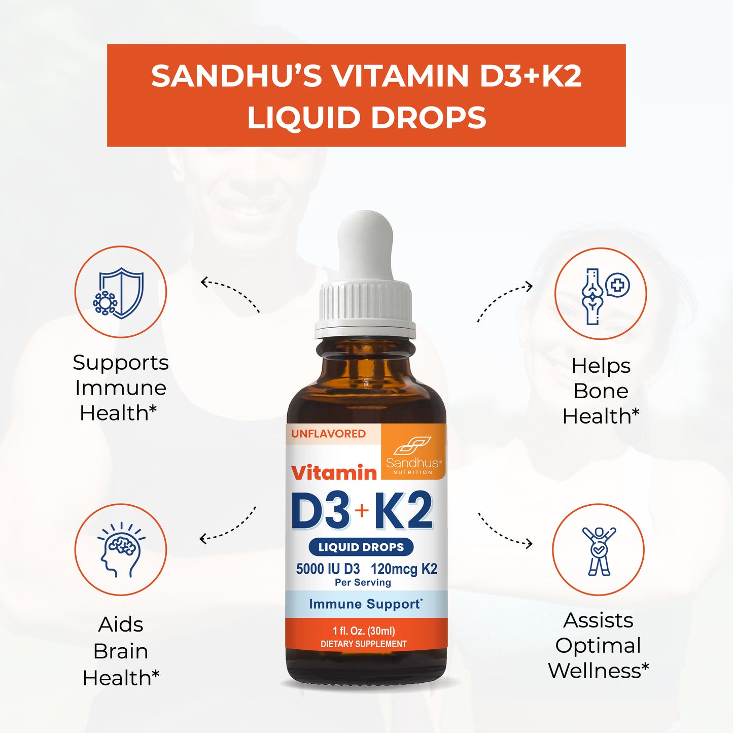 Sandhu’s Vitamin D3 + K2 liquid drops bottle surrounded by icons showing benefits like immune health, bone health, brain health, and overall wellness.