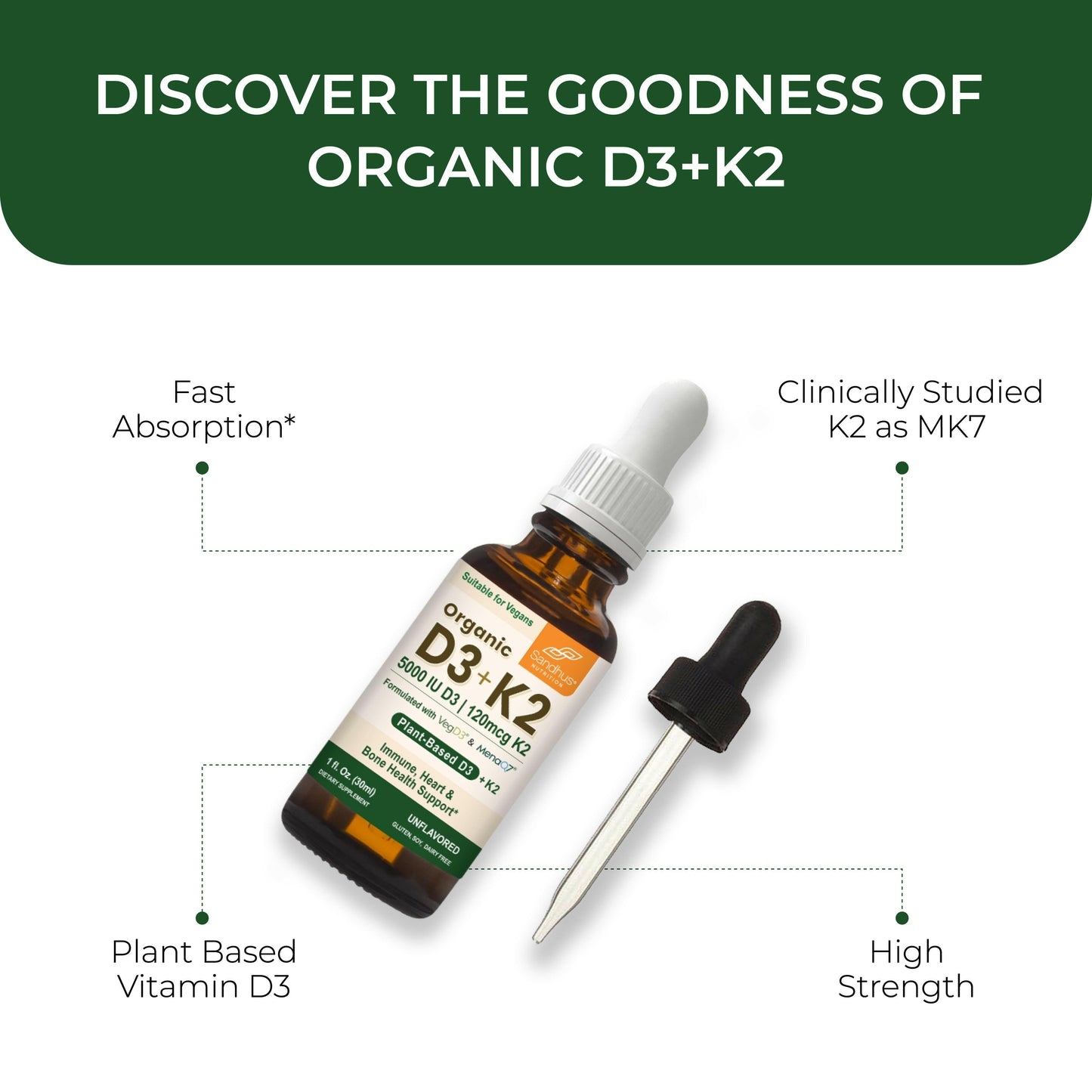Sandhus Organic D3 + K2 liquid drops with plant-based vitamin D3 and MK7 K2 for fast absorption, immune, heart, and bone support.