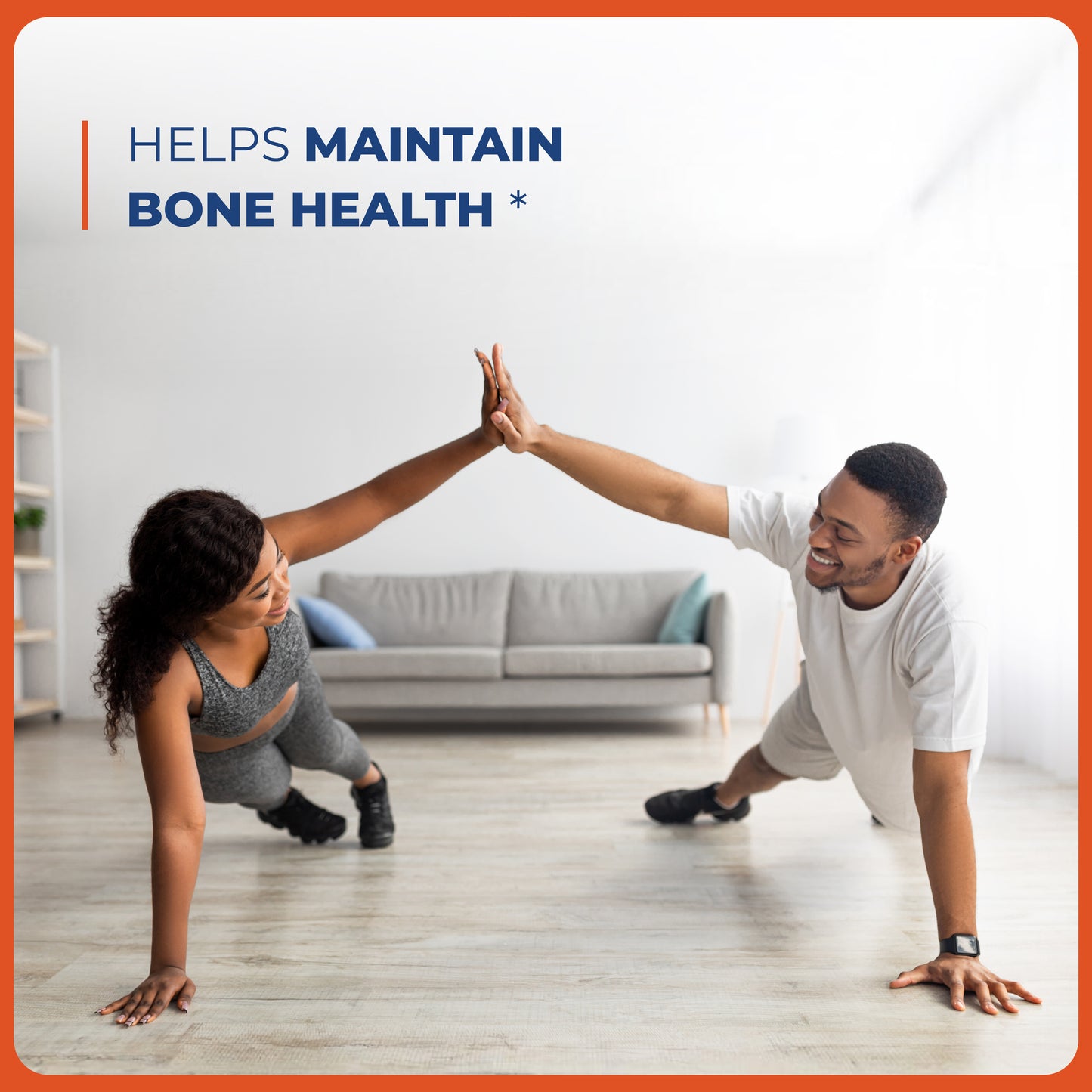 Man and woman exercising together at home high-fiving with text promoting Sandhu’s Vitamin D3 + K2 drops for bone health support.