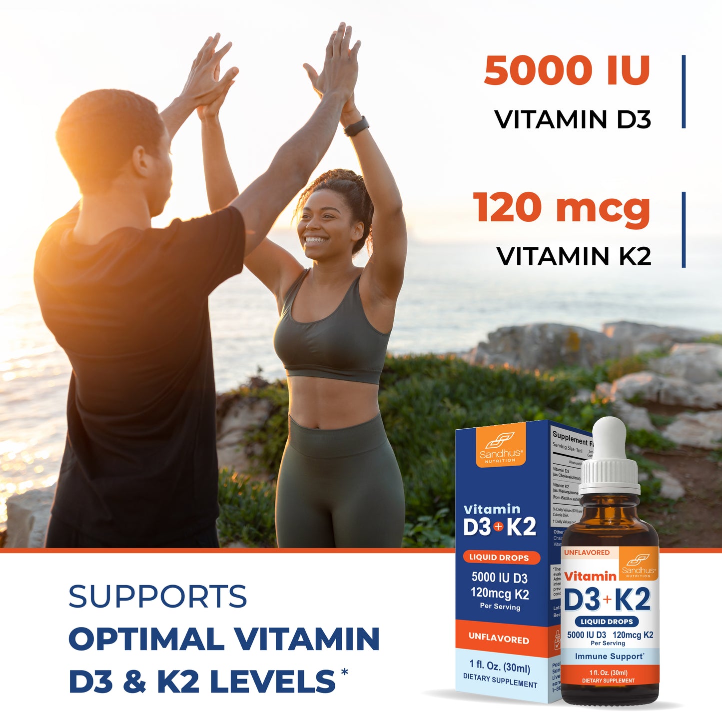 Smiling couple exercising outdoors high-fiving with Sandhu’s Vitamin D3 + K2 drops, 5000 IU D3 and 120 mcg K2 per serving for immune and bone support.