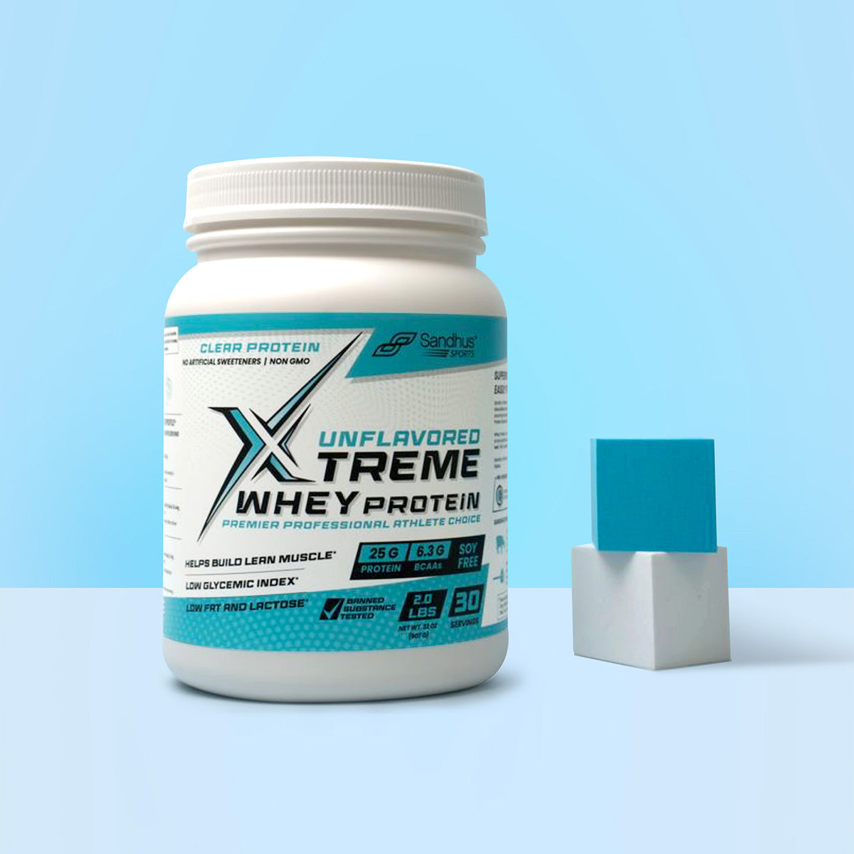 Sandhus Xtreme Whey Protein container on a light blue background