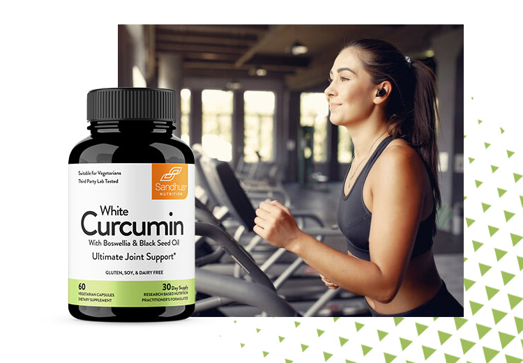 White Curcumin supplement with Boswellia and Black Seed Oil for joint support, shown with woman exercising in gym.