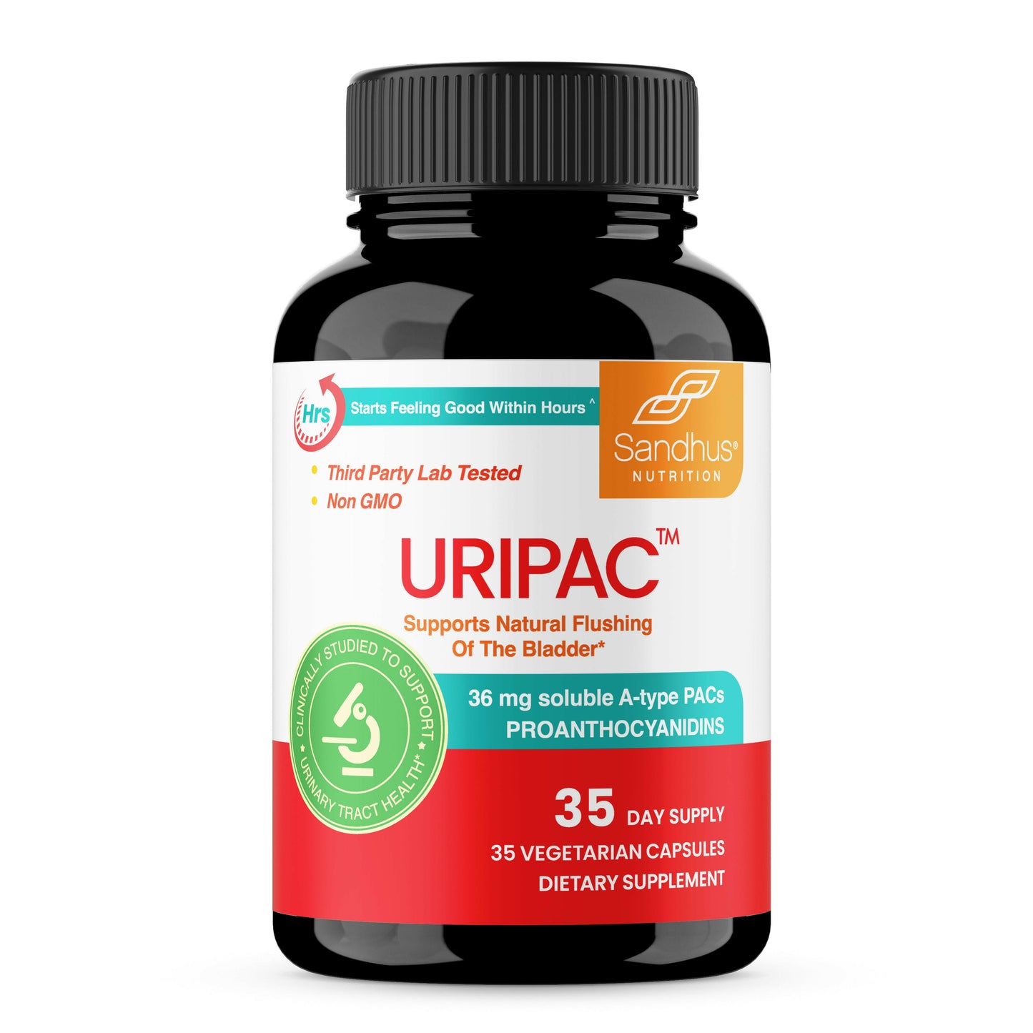Sandhus URIPAC cranberry extract supplement banner promoting natural urinary tract health support.