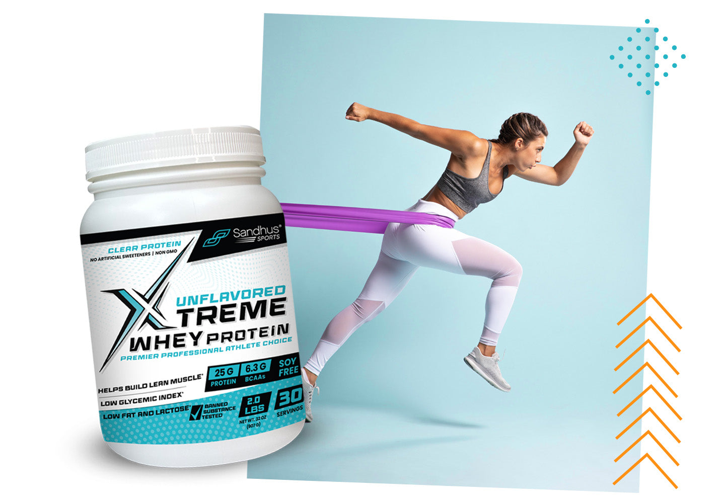 Fit woman sprinting with resistance band beside Sandhu’s Xtreme Whey Protein; supports lean muscle and performance.