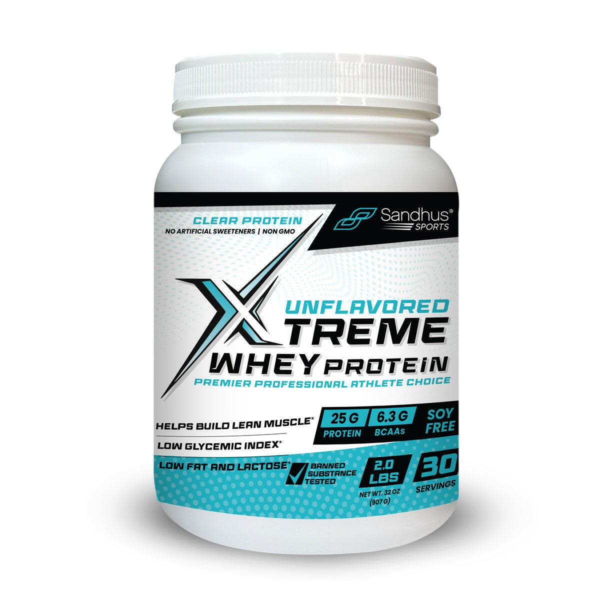 Container of Xtreme Whey Protein with Sandhus Sports branding on a white background
