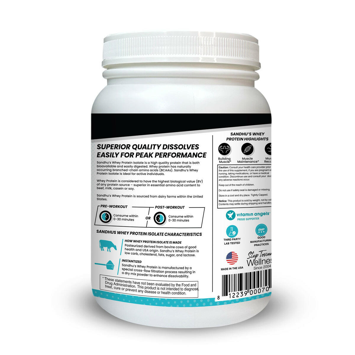 Sandhus Whey Protein in white container with a label on a white background