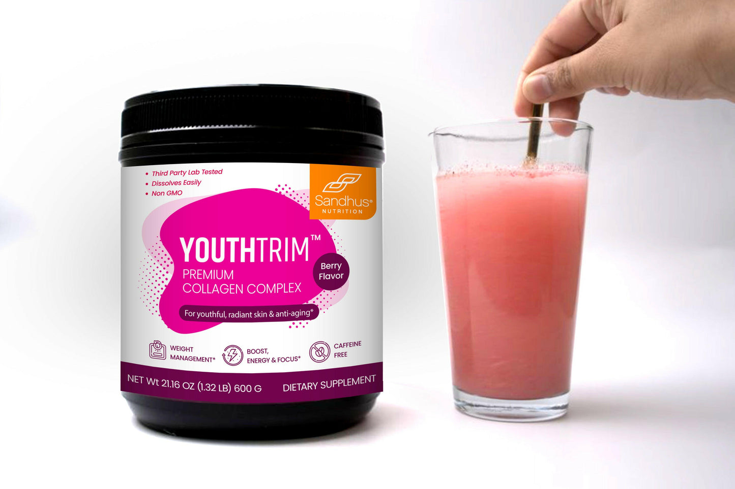 Sandhus Nutrition YouthTrim Collagen Complex shown with a mixed berry drink, highlighting ease of use and flavor.