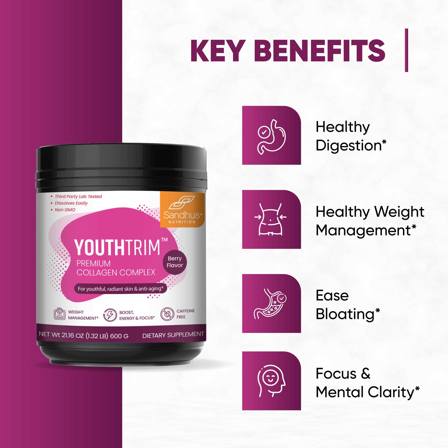 YouthTrim Collagen Complex in berry flavor, highlighting support for healthy digestion, weight, bloating, and focus