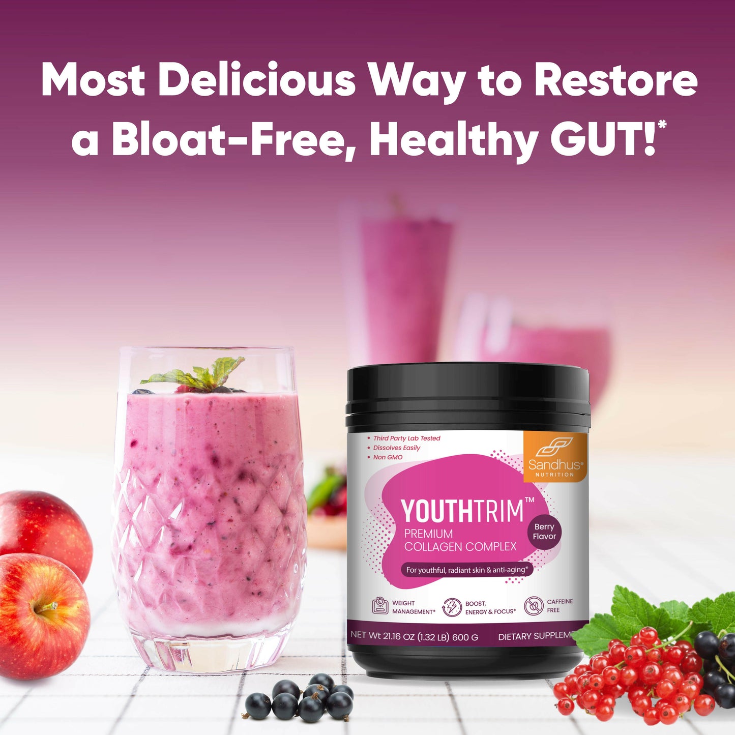 YouthTrim Collagen Complex berry flavor shown with a smoothie and grapes, highlighting a tasty way to support gut comfort.