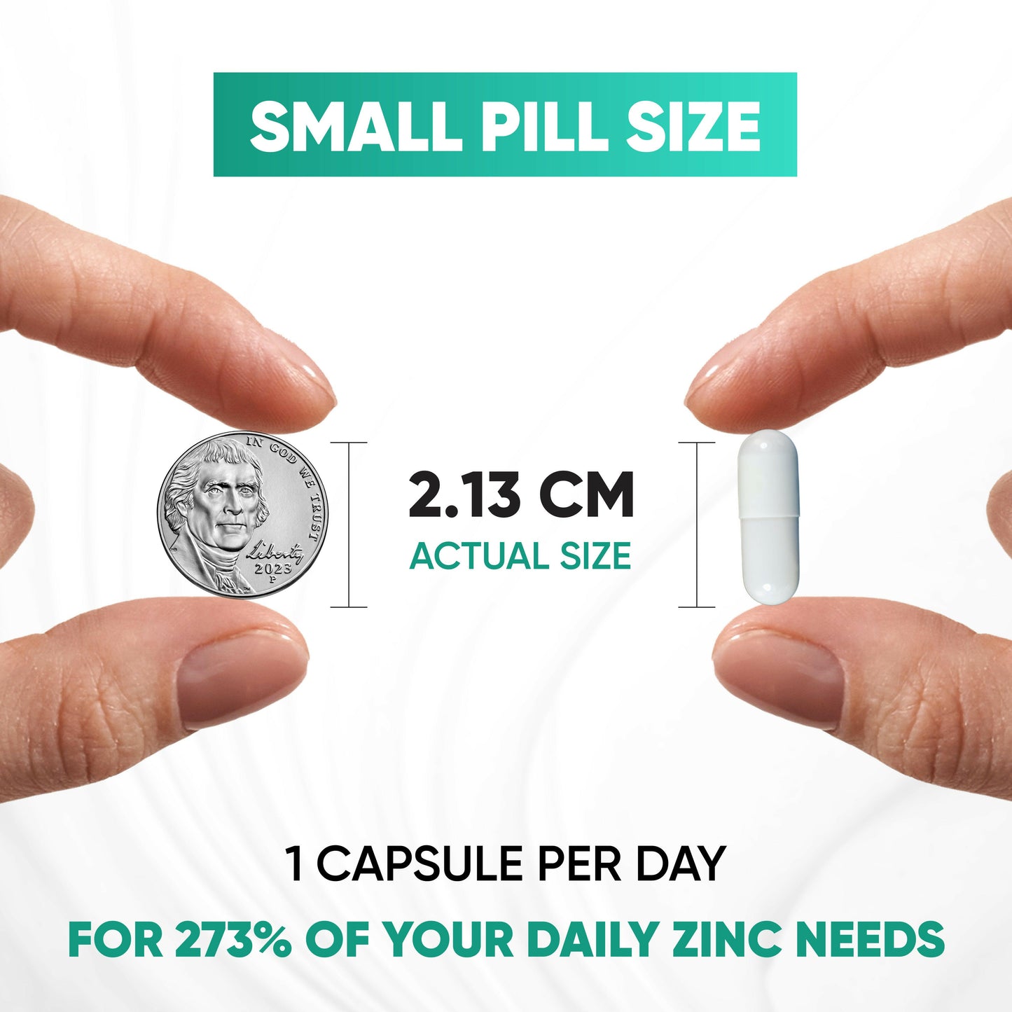 Comparison of a small pill size to a quarter and a capsule, with text about daily zinc needs.