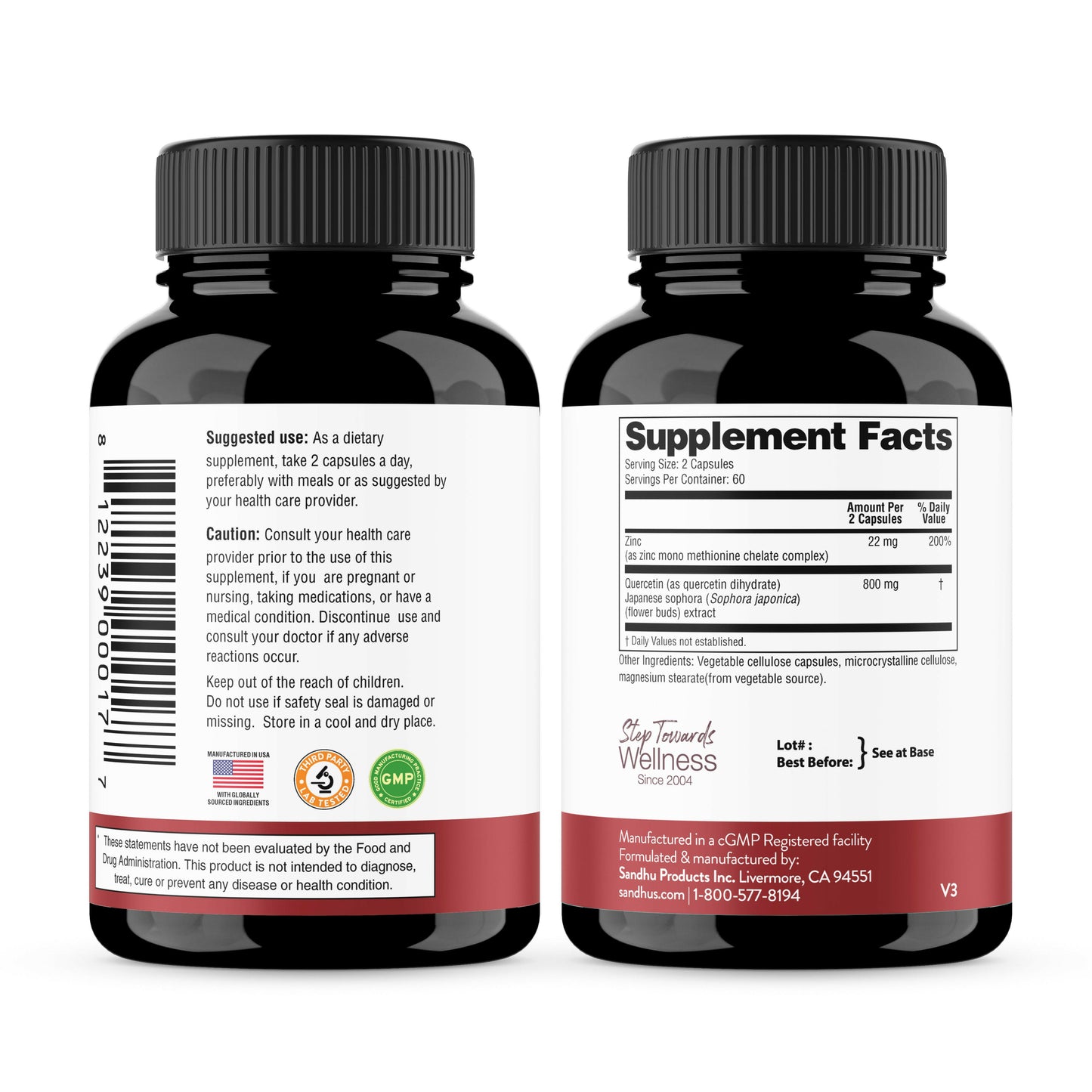 Back view of Sandhu Nutrition Zinc Quercetin bottles showing supplement facts, suggested use, caution, and serving size.
