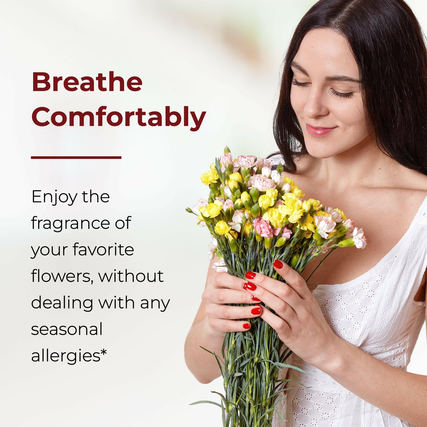 Smiling woman in white dress holding fresh flowers, text beside highlights breathe comfortably without seasonal allergy.